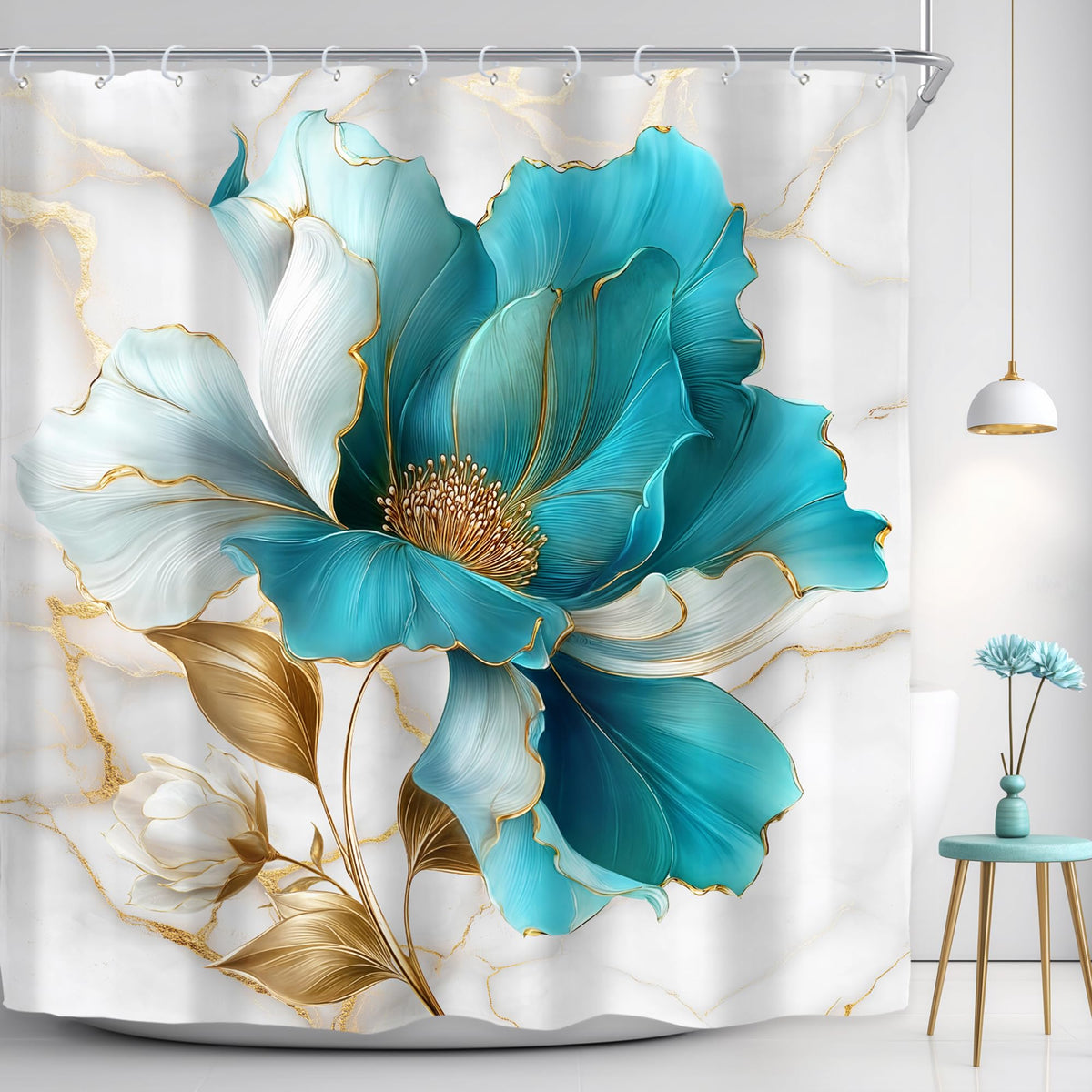Riyidecor Marble Floral 4PCS Shower Curtain Sets