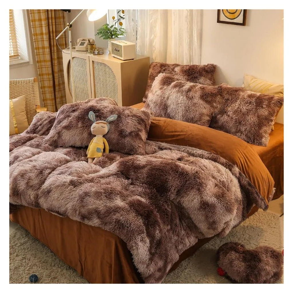 Comforter Cover Set, Gradient Color Plush Shaggy Ultra Soft Bedding Sets 4Pcs, Rainbow Tie Dye Comforter for Winter (Khaki King)