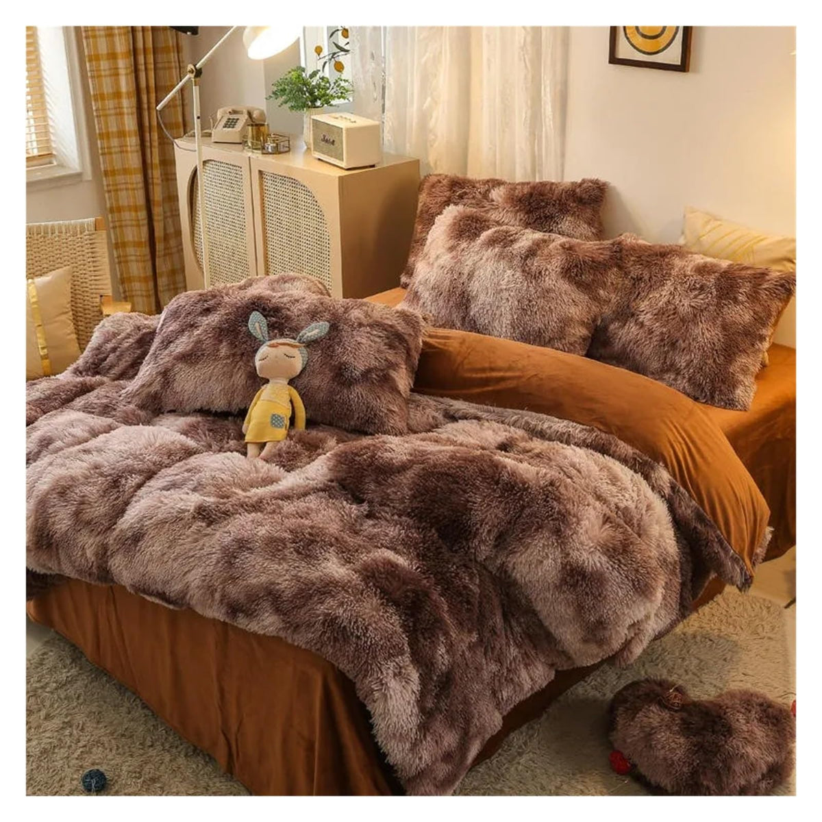 Comforter Cover Set, Gradient Color Plush Shaggy Ultra Soft Bedding Sets 4Pcs, Rainbow Tie Dye Comforter for Winter (Khaki King)