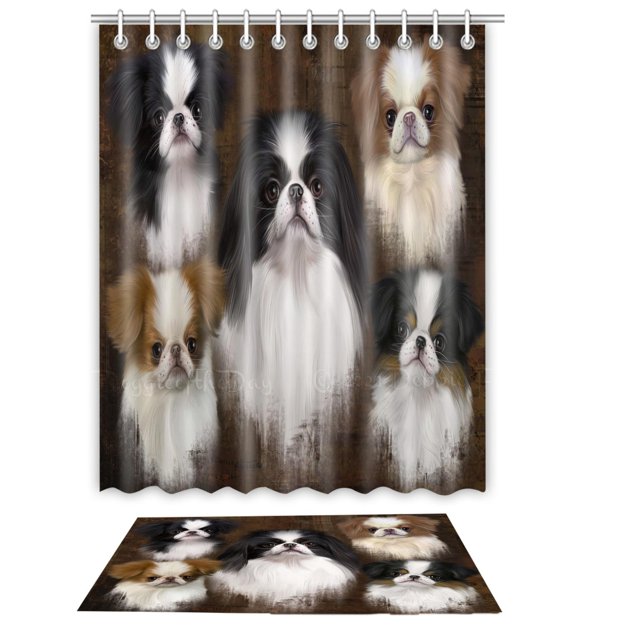 Doggie of the Day Japanese Chin Dog Bath Mat & Shower Curtain Combo - Non-Slip Bathroom Decor Plush Rug Mat Polyester Bathtub Curtain Screens with Hooks
