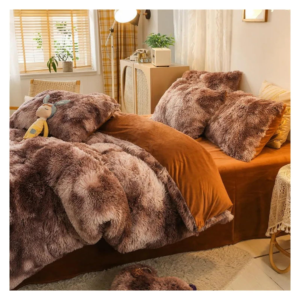 Comforter Cover Set, Gradient Color Plush Shaggy Ultra Soft Bedding Sets 4Pcs, Rainbow Tie Dye Comforter for Winter (Khaki King)