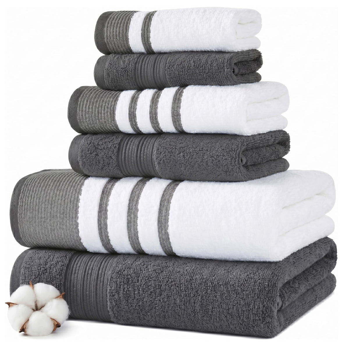 Modern Threads 6-Piece Towel Set – 100% Cotton, Quick Dry, Ultra Absorbent – Includes 2 Bath, 2 Hand, 2 Washcloths