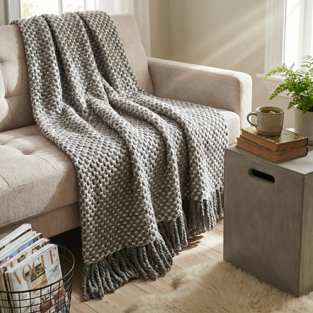 Chunky Hand-Crafted Wool Throw Blanket Gray White 65x75 in